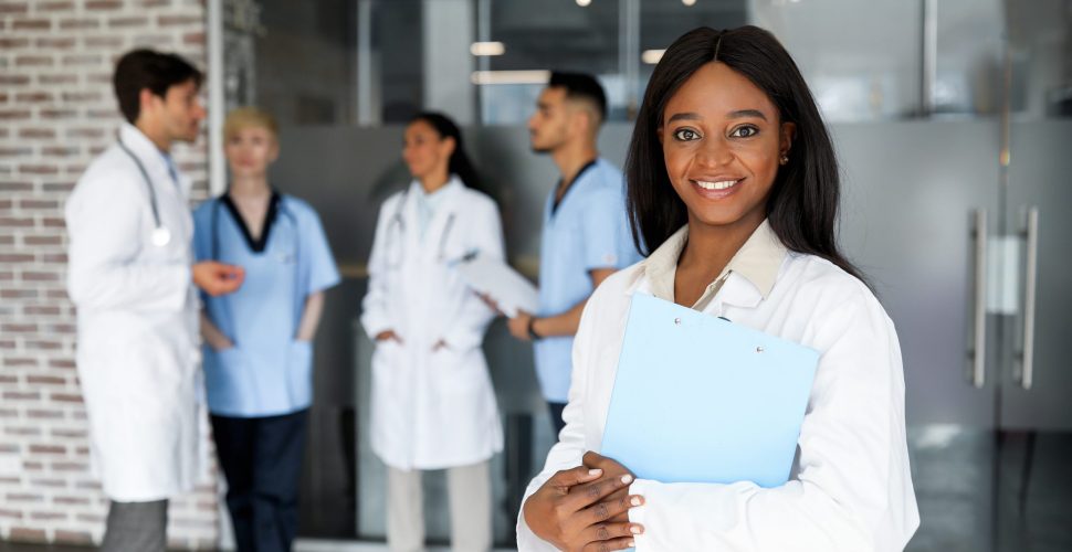 Beautiful young black woman doctor attending medical conference Beautiful young black woman doctor attending medical conference
